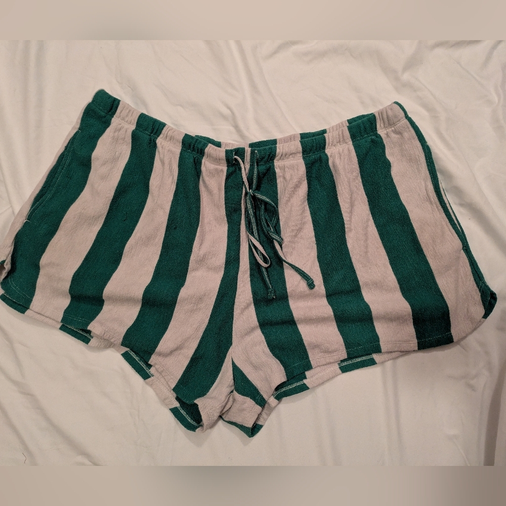 Green and White Striped Casual Shorts